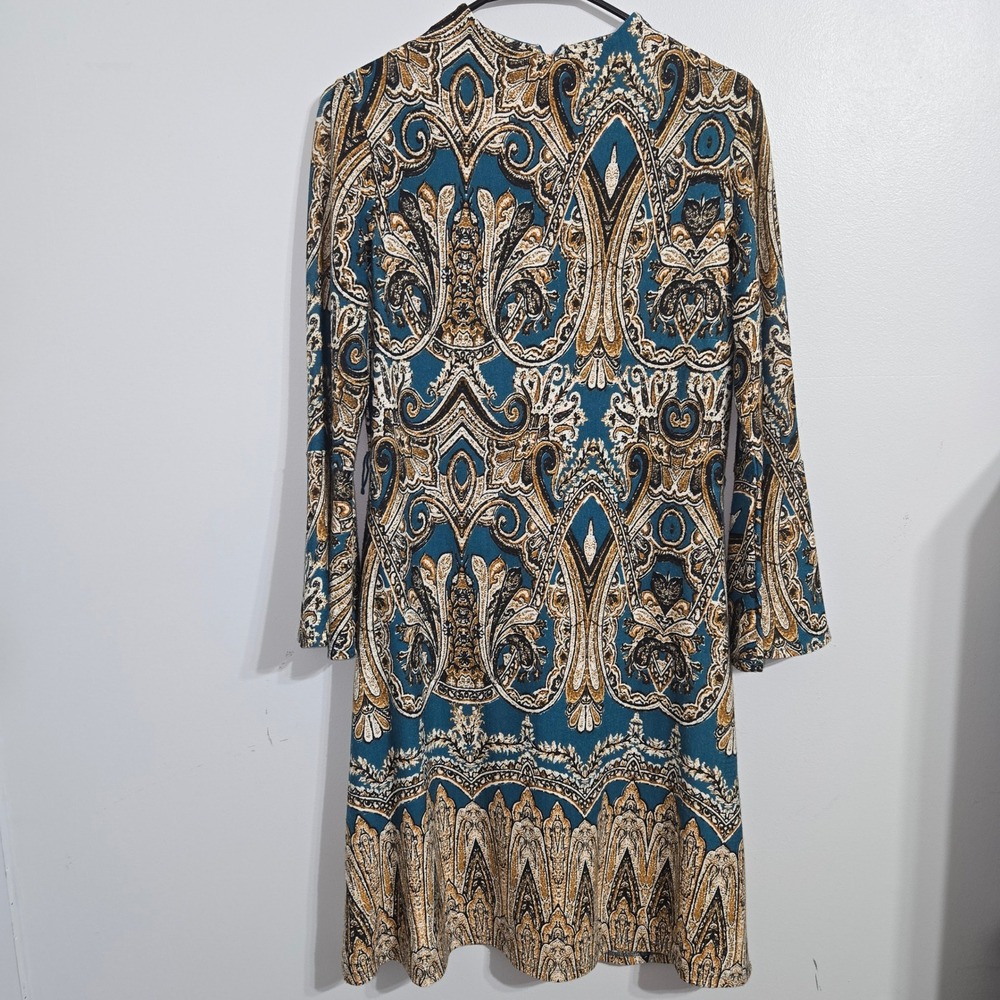 S#47 Cato Paisley‎ Print Bell Sleeve Mock Neck Mini Dress Teal Brown Size 6